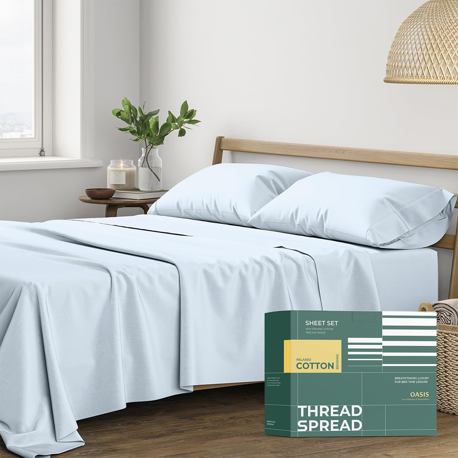Photo 1 of THREAD SPREAD 100% Organic Cotton Sheets Queen Size - 4 PC Organic Cotton Queen Size Percale Weave Sheet Set, Soft, Cooling, Crisp & Breathable, 16" Deep Pocket Hotel Quality Bedding Set - Light Blue