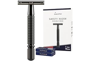 Gearhub Double Edge Safety Razor Reusable Stainless Metal Wet Shaving Razor with 10 Swedish Platinum Blades for Men Women Barber Bikini Armpit Hair, Matte Gunmetal Black GR131