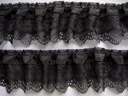 yycraft Organza Spitzen-Borte, dreilagig, plissiert, Bordüre, Besatz, 13,7 m Länge, Schwarz , Size: 2 5/8'