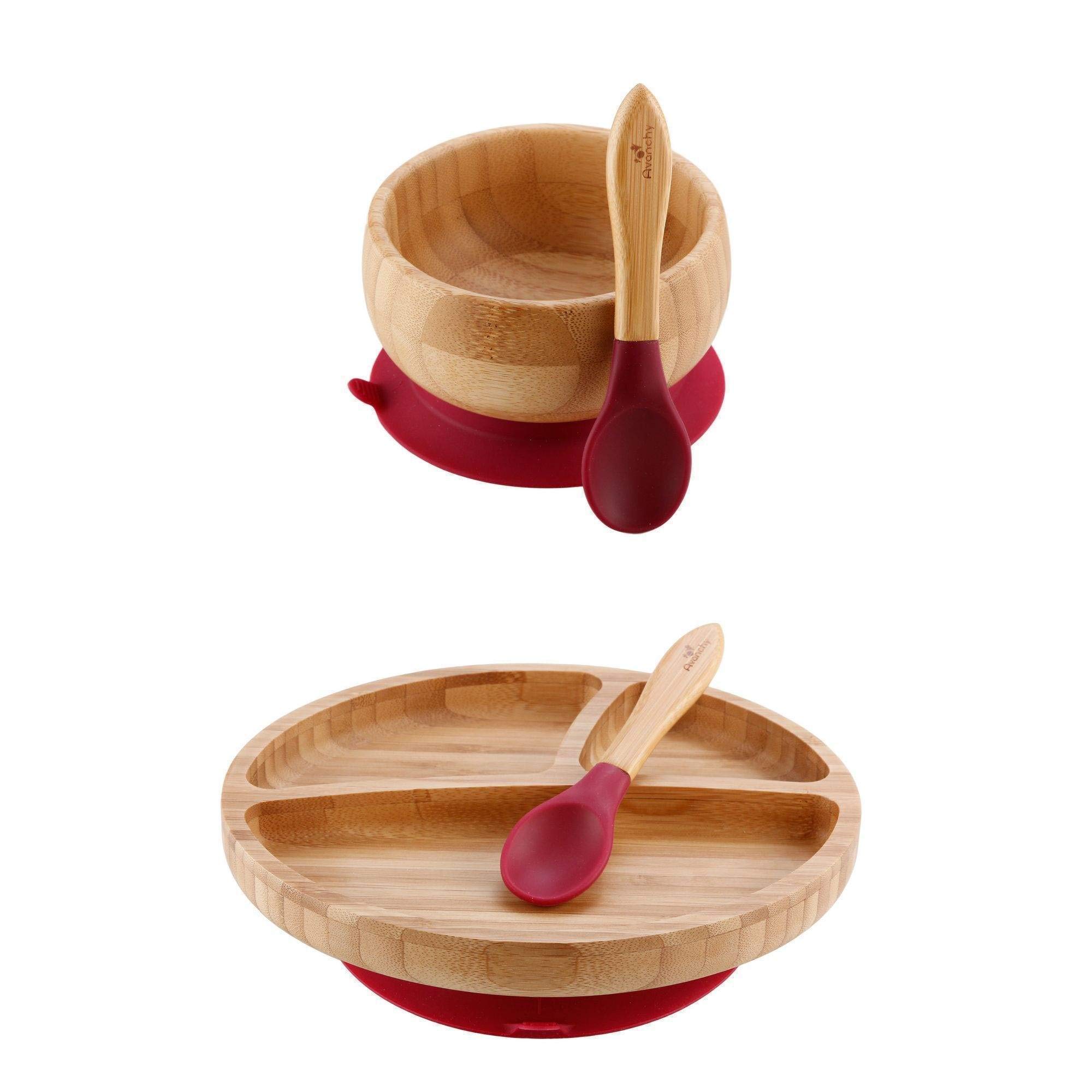 Avanchy Bamboo Suction Toddler Divider Plate, Bamboo Bowl & Spoon - 9 Months and Older - Silicon Suc