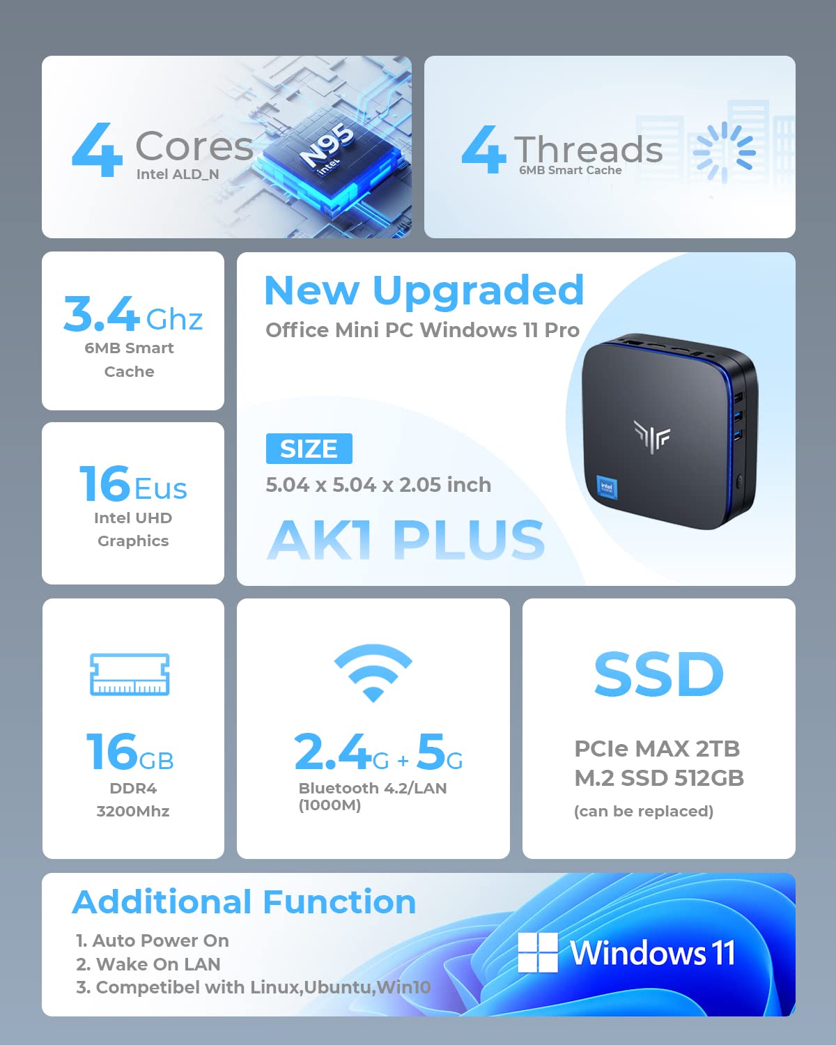 KAMRUI AK1PLUS Mini PC,12th Alder Lake- N95 up to 3.4 GHz,16GB RAM+512GB M.2 SSD,Mini Desktop Computer,Support 2.5