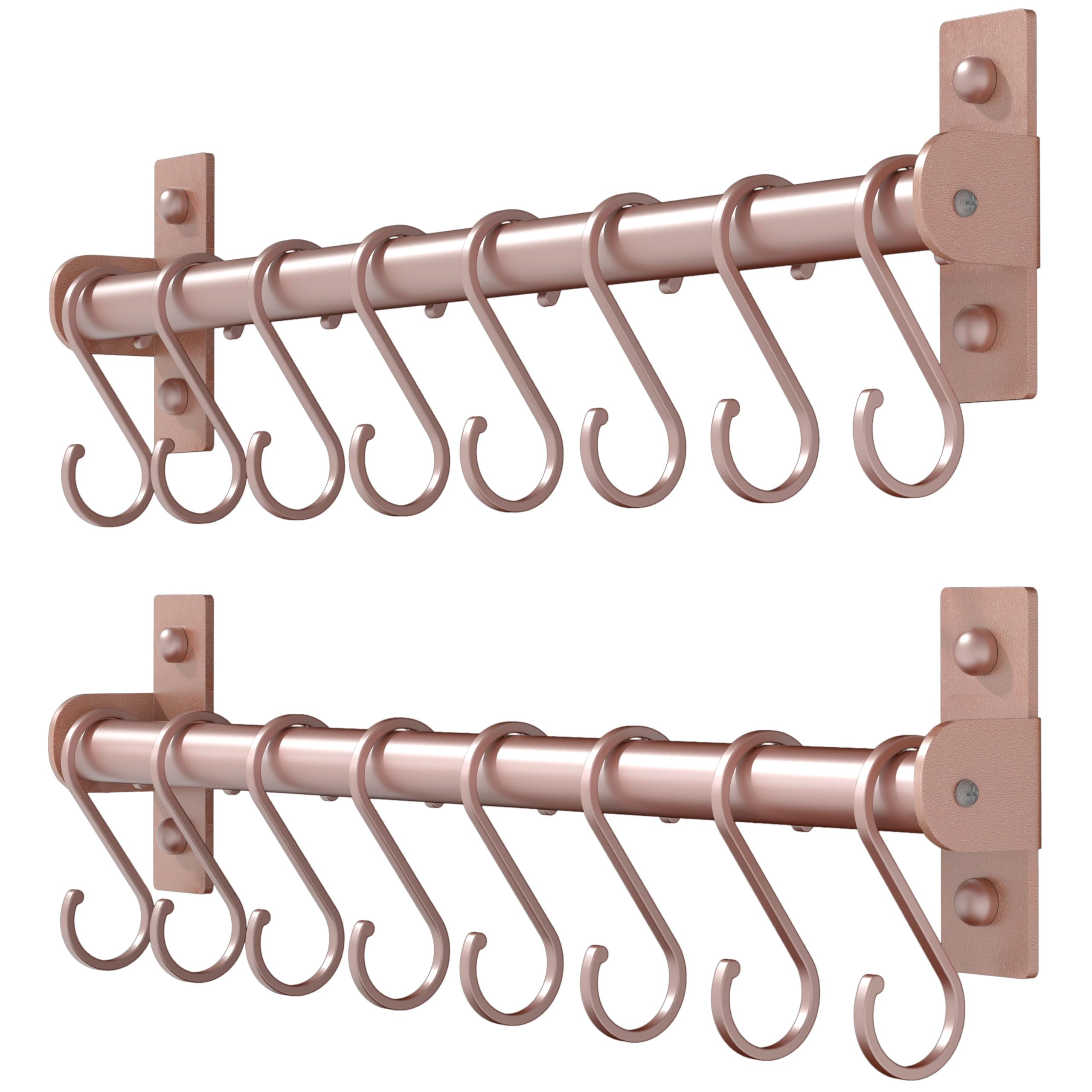 Dseap Kitchen Utensil Holder Hanger, Pot and Pan Rack wall Mounted, Kitchen Rail with 8 Hooks for Hanging Cooking Utensils, Mugs, Spoons, Wall Mounted, Rose Gold, Pack of 2