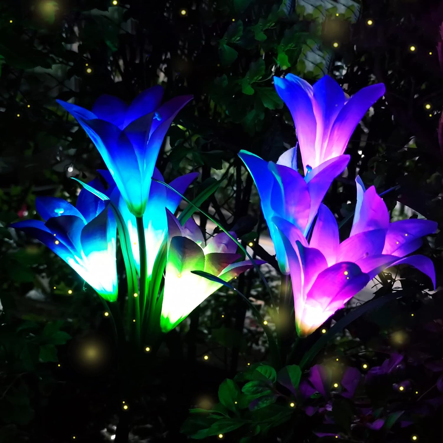 Solar Garden Flower Lights Outdoor Decorative Lily Size 4.3 inch, 28 inch High, 7 Discoloration, 2pack (Blue x1 Purple x1)