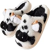 HYMIC Cartoon Cow Cotton Slippers,Cute Cozy Fuzzy Animal Slippers For Women Men,Winter Warm Plush Comfy Indoor Outdoor Slippers