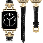 Leather Band Compatible with Apple Watch Bands for Women, Dressy Fancy Strap for iWatch Series 11/10/9/8/7/6/5/4/3/2/1/se(38mm 40mm 41mm 42mm,Black/Gold)