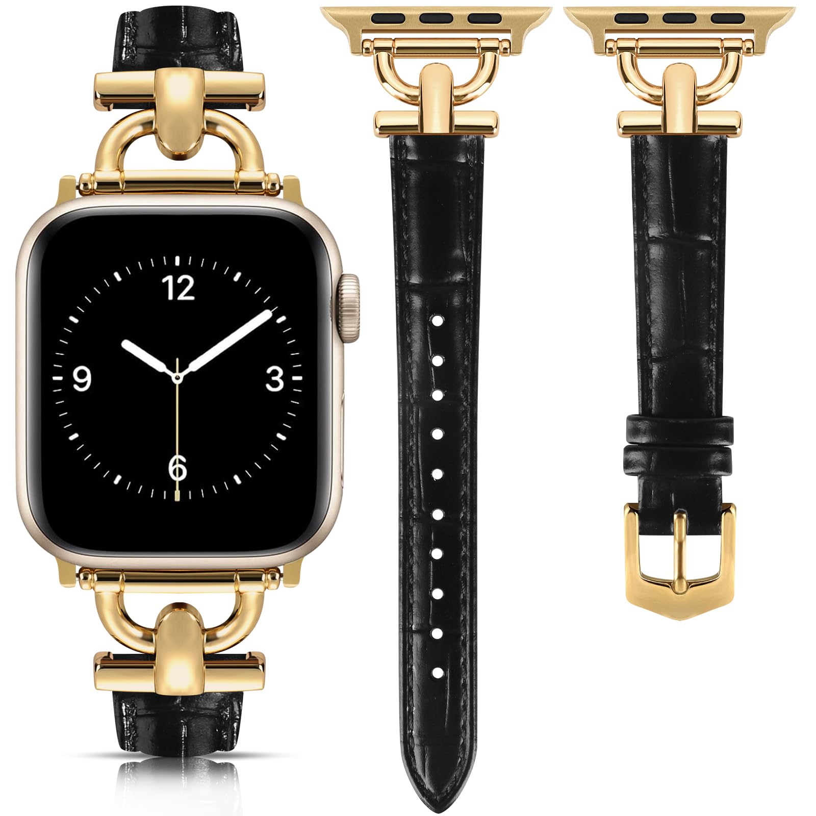 mxiixnai Leather Strap Compatible with Apple Watch Straps 41mm 40mm 42mm 38mm Women, Slim Thin Leather Replacement Strap for iWatch Bands Series 10 9 8 7 6 5 4 3 2 1 SE,Black/Gold — image 1