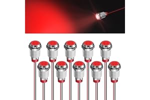 FICOLPO 10 Pcs LED Metal Waterproof Indicator Light, 12-24V 2/5'' Mounting Hole Pre-Wired Pilot Signal Light for Car, Trucks, Boats, Marine, Dash, Industrial Electricity (Red, 10mm)