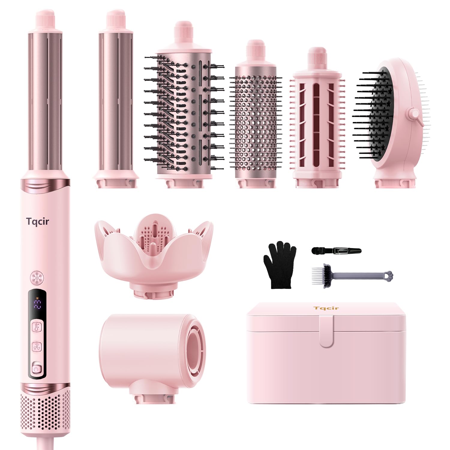 Photo 1 of Tqcir 8-in-1 Professional Hot Air Styler&Hair Dryer Brush, Powerful Multi-Styler with Auto-Wrap Curler with Storage Case, Fast Drying Curling Straightening Volumizing Without Heat Damage(Pink)