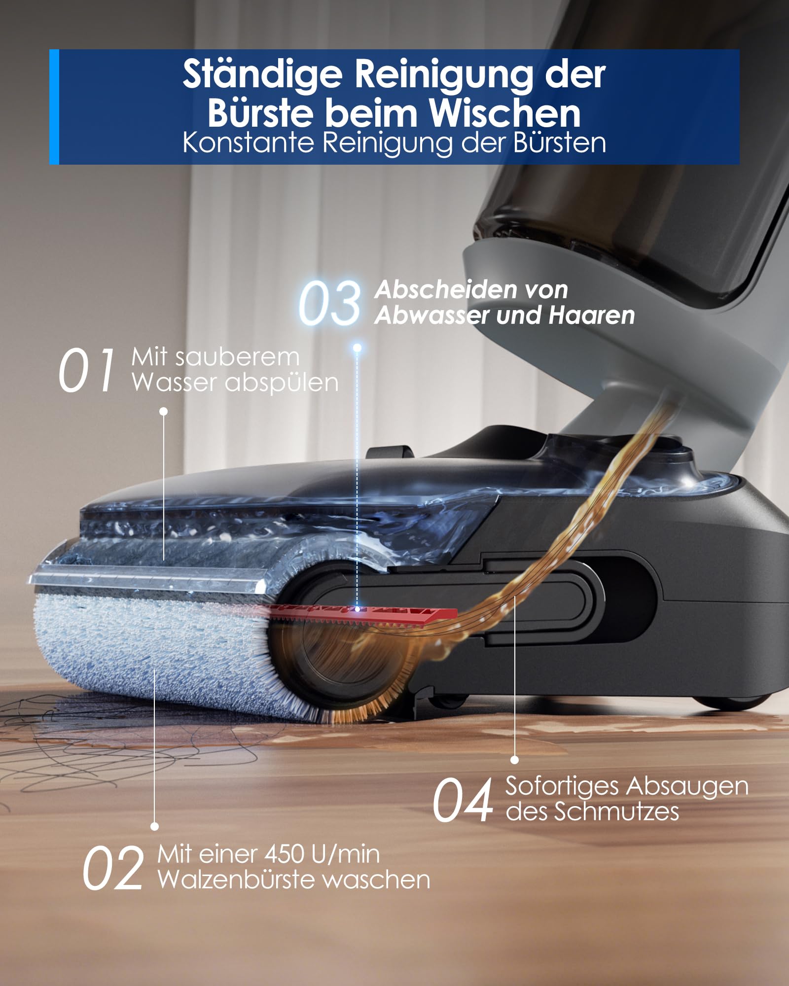 Tineco FLOOR ONE i5 Stretch Nass Trockensauger, 2‑in‑1 Saugen & Wischen, 180° Lay-Flat Waschsauger, 20kPa Saugkraft, Beidseitige Kantenreinigung, 30 Min Laufzeit, Anti-Tangle staubsauger für Tierhaare 6