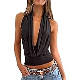 TUWIXIUW Cowl Neck Backless Tops Women Ruched Halter Tank Top Draped Front Open Back Y2k Going Out Crop Vest Tops