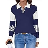 LOMON V Neck Long Sleeve Loose Sweaters Color Block Striped Knitted Pullover Jumper Tops
