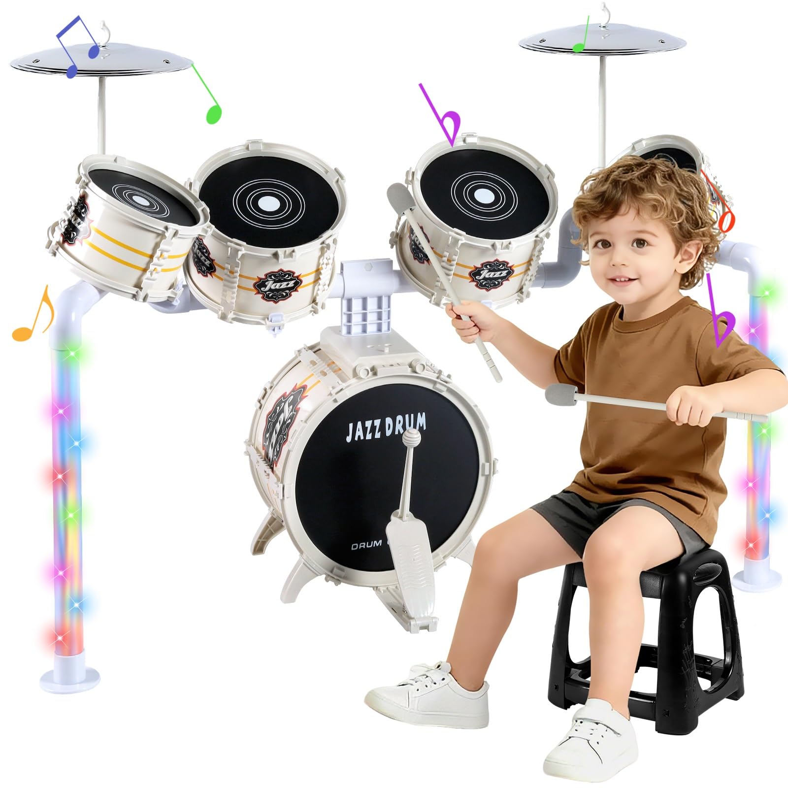 Upgraded Cool Kids Drum Kit for Toddlers 1-3, Kids Jazz Drum Sets with 5 Drums, Light up Band Rock Set Ages 3-5, Musical Instrument Toys Gifts for Boys Girls 2-5 4-6 5-8 (All Plastic)