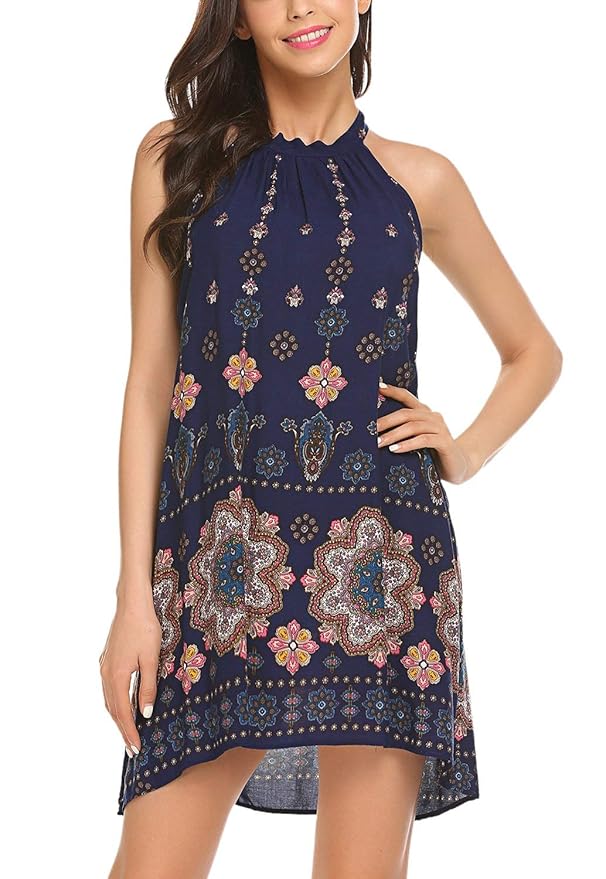 Lalala Damen Casual Neckholder Ärmellos Sommerkleid Strandkleid