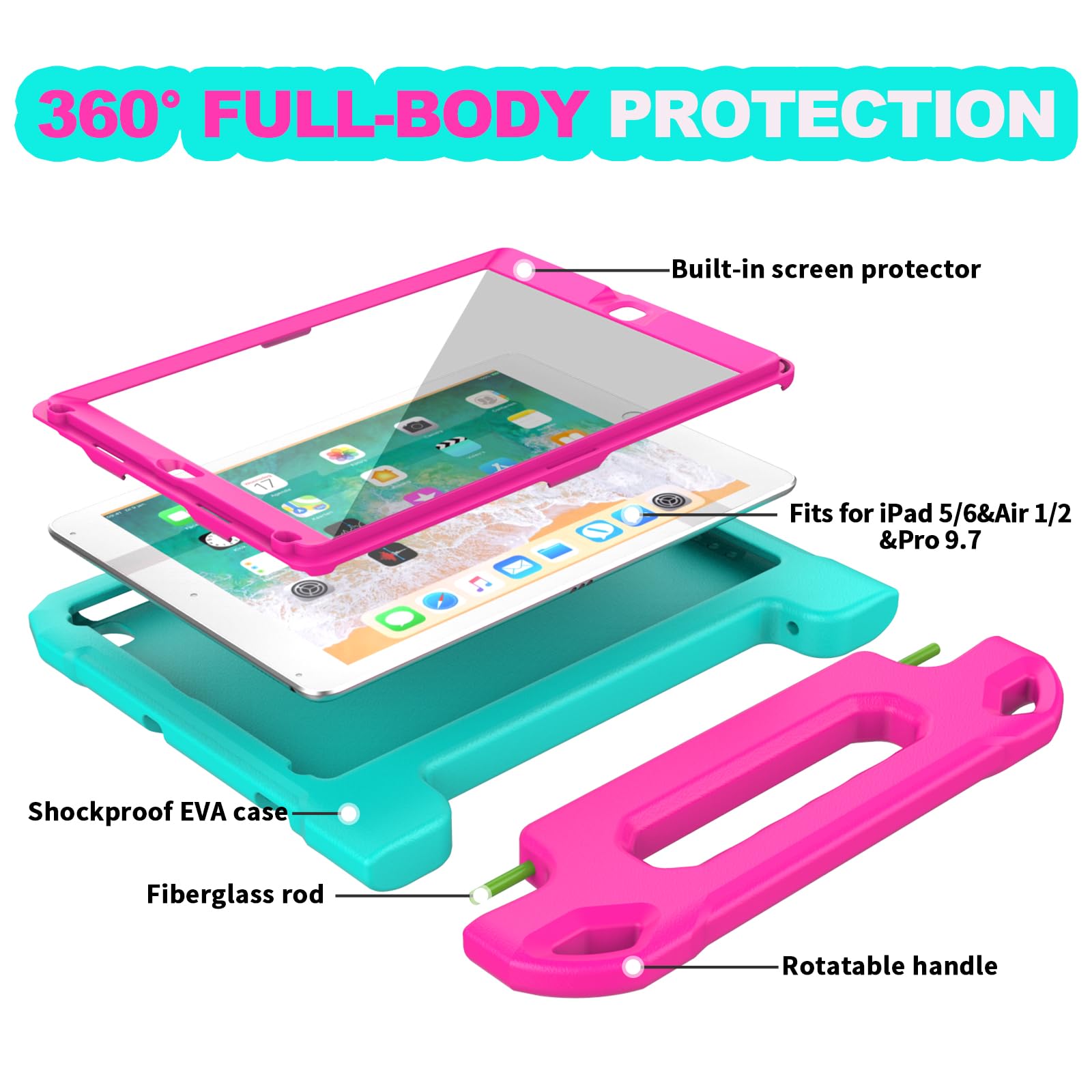 YIHE Kids Case for iPad 9.7 Inch with Screen Protector, Shockproof Handle Convertible Stand Case for iPad 9.7 6th/5th Generation 2018/2017, iPad Air 2/1& iPad Pro 9.7, Cyan&Pink