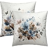 Floral Throw Pillow Covers Watercolor Blue Flowers Pillowcase Ink Art Style Home Decorative Soft Square Cushion Cover 18X18 Inch for Sofa Bedroom Living Room,Set of 2