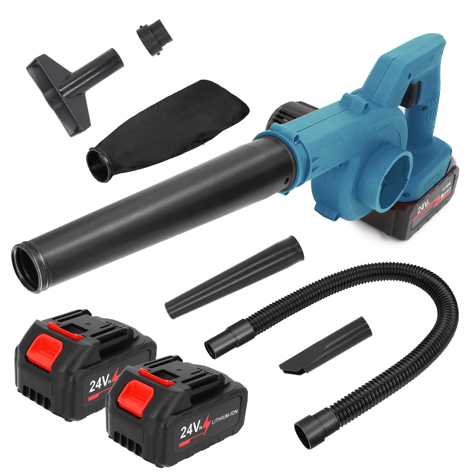 Photo 1 of Cordless Leaf Blower 24V with 2 Batteries & Charger, 2-in-1 Electric Leaf Blower and Vacuum, Lightweight Handheld Design for Lawn Care, Patio, Garage Cleaning, Dust, Snow, and Pet Hair Removal (Blue)