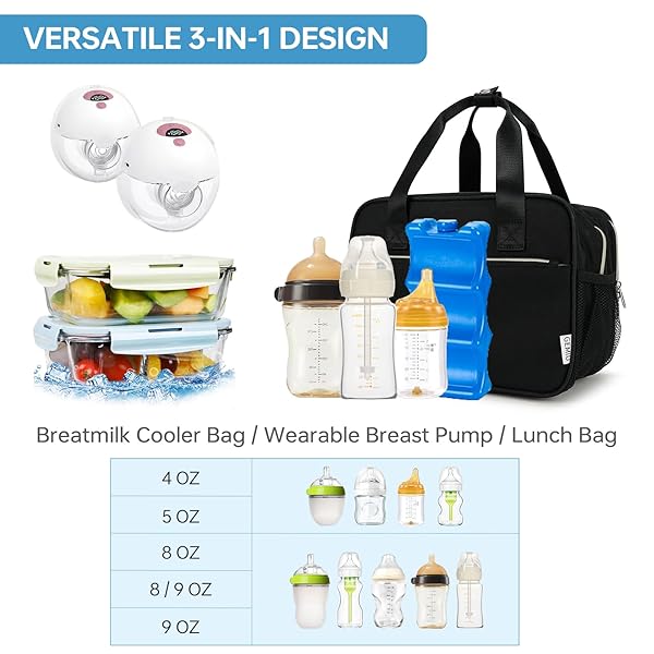 GEMIU BREAST MILK COOLER BAG WITH ICE PACK,FITS 6 BABY BOTTLES UP TO 9 OUNCE BREAST MILK COOLER TRAVEL BAG COMPATIBLE WITH WEARABLE BREAST PUMPS & ACCESSORIES FOR NURSING MOM DAYCARE BLACK