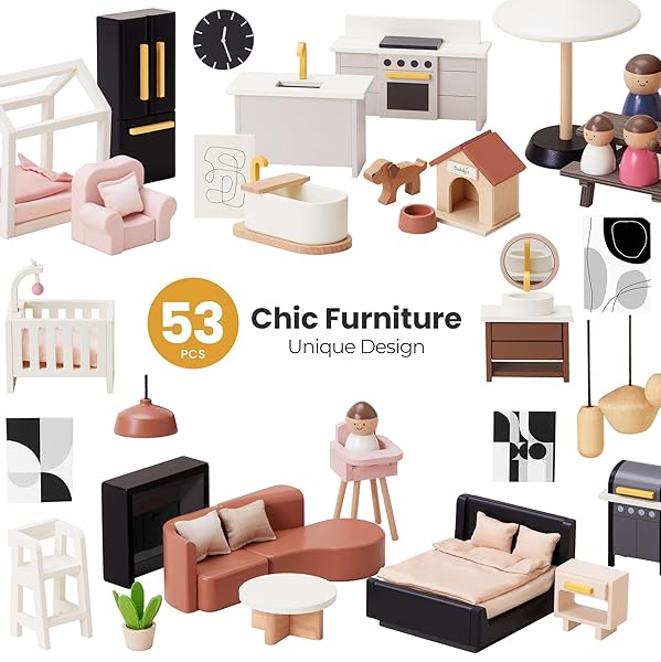 TINY LAND DOLL HOUSE, MODERN FAMILY DOLLHOUSE WITH REALISTIC DESIGN, WOODEN DOLLHOUSE WITH 53PCS FURNITURE – IDEAL GIFT FOR KIDS AGES 3+