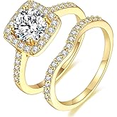 MDFUN 18K Yellow Gold Plated Cubic Zirconia Two-in-One Halo Wedding Engagement Promise Eternity Ring for Women