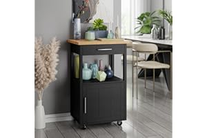 JY QAQA PET QAQA Kitchen Island on Wheels with Storage, Kitchen Cart with Drawer and Countertop, Single Door Rolling Storage Cabinet for Dining Room Living Room, Black
