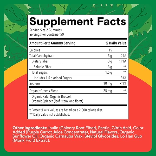 SMARTYPANTS KIDS FIBER & VEGGIES: PREBIOTIC FIBER GUMMIES FOR KIDS, FIBER SUPPLEMENT WITH INULIN, ORGANIC GREEN VEGGIE BLEND, VEGAN, GLUTEN FREE, MIXED BERRY FLAVOR, 60 COUNT (30 DAY SUPPLY)