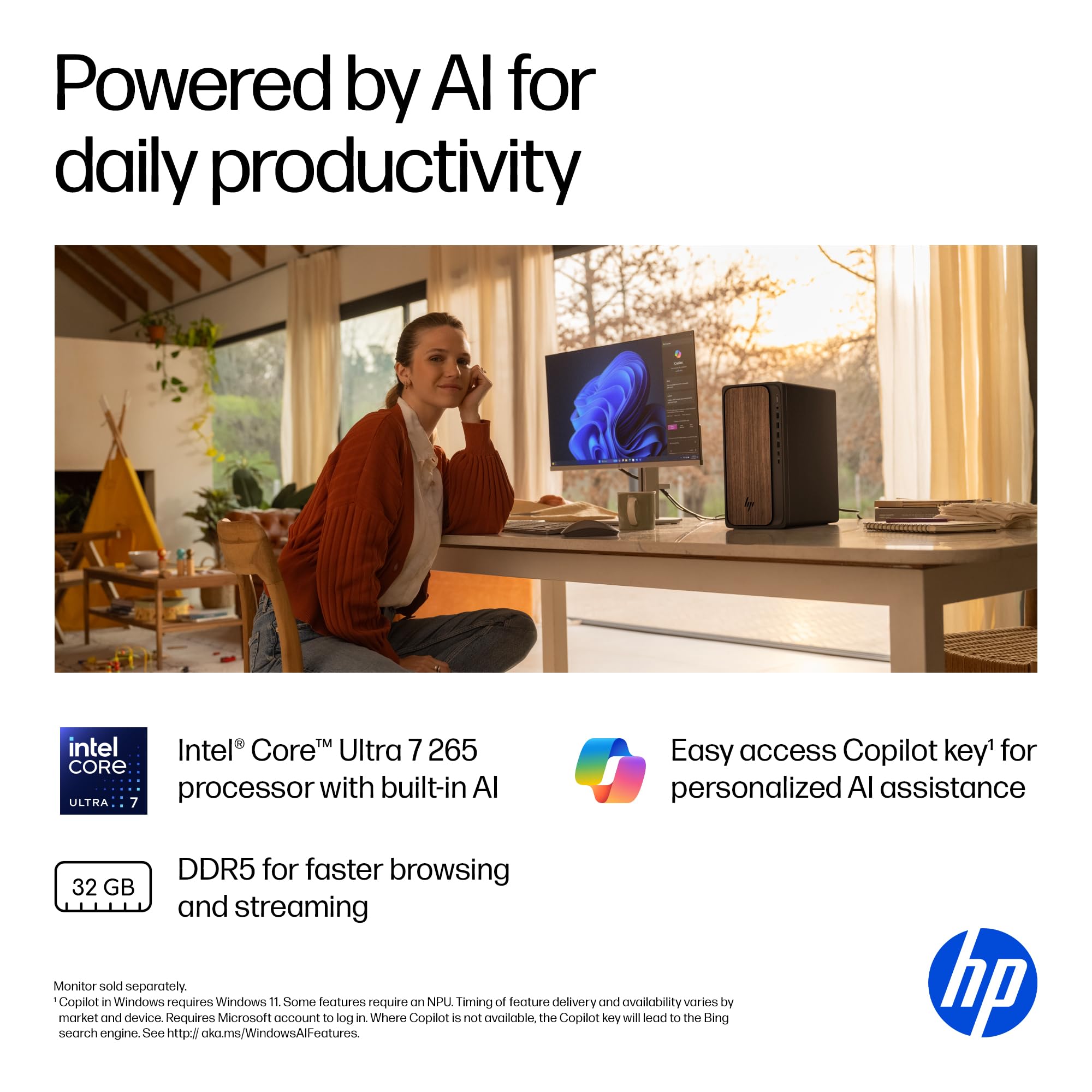 HP OmniDesk Desktop PC, Intel Core Ultra 7 265, 32 GB RAM, 2 TB SSD, Intel Graphics, Windows 11 Home, Microsoft Copilot, Dark Wood, M03-0060 (2025)