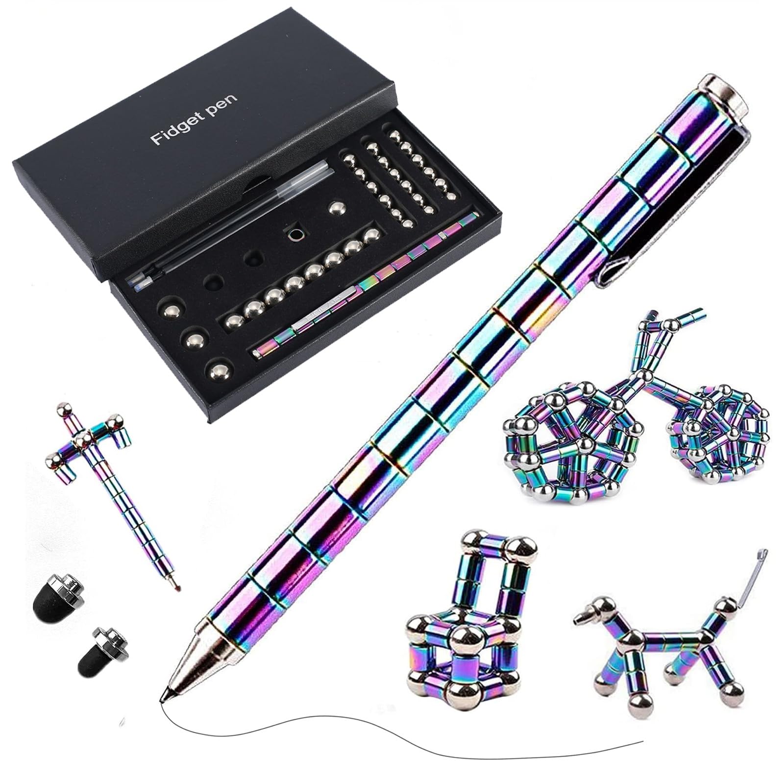 Magnetic Sculpture Fidget Pen, Rainbow Magnet Metal Writing Toy for Anxiety Relief, Magnets for Teen Age 8-16 Xmas Birthday Gift, DIY