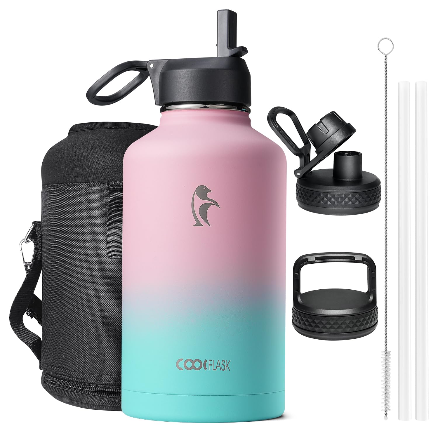 Coolflask Insulated Water Bottle 2L - 3 Lids with Straw & Spout & Handle, Leakproof Vacuum Stainless Steel Water Bottle for Sports, Travel, Gym, 48H Cold & 24H Hot, BPA Free, Ombré Pink-Blue
