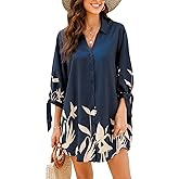 CUPSHE Women Mini Summer Dress Cover Up Oversize Floral Shirt 3/4 Sleeve Cuff Tie Button Down Beach Dresses Cover Up Top