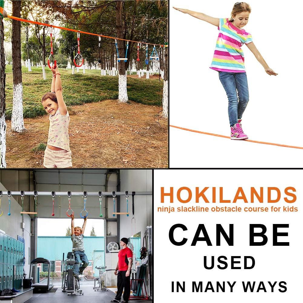 Hokilands 50 Foot Slackline Ninja Warrior Training Equipment for Kids Teens , Adjustable Hanging Obstacles Course Kit Including Climbing Rope Ladder & Carry Bag, Backyard Playground Swing Monkey Bars: Toys & Games