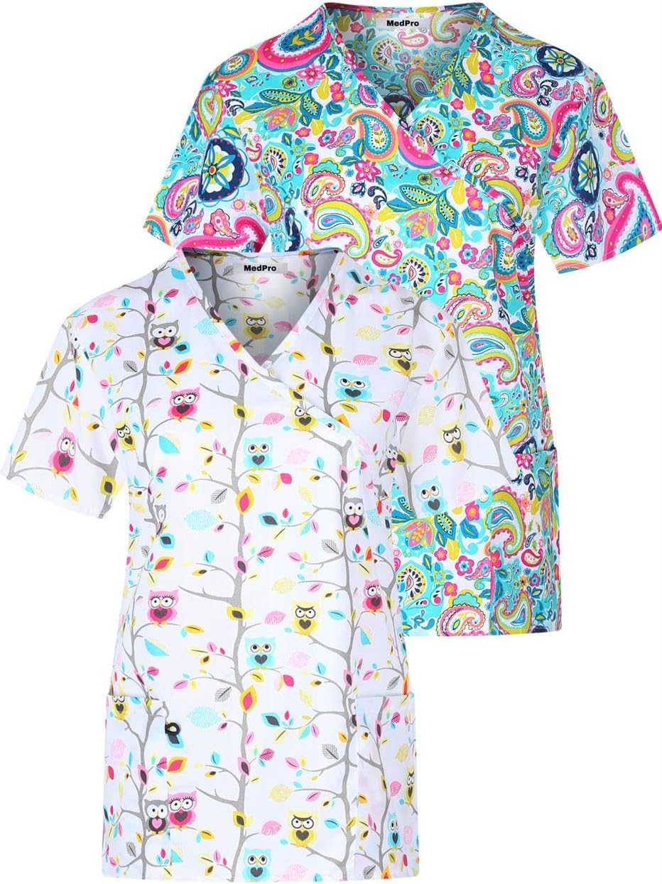 Women's Printed V Neck Medical Scrub Top Multi Pack