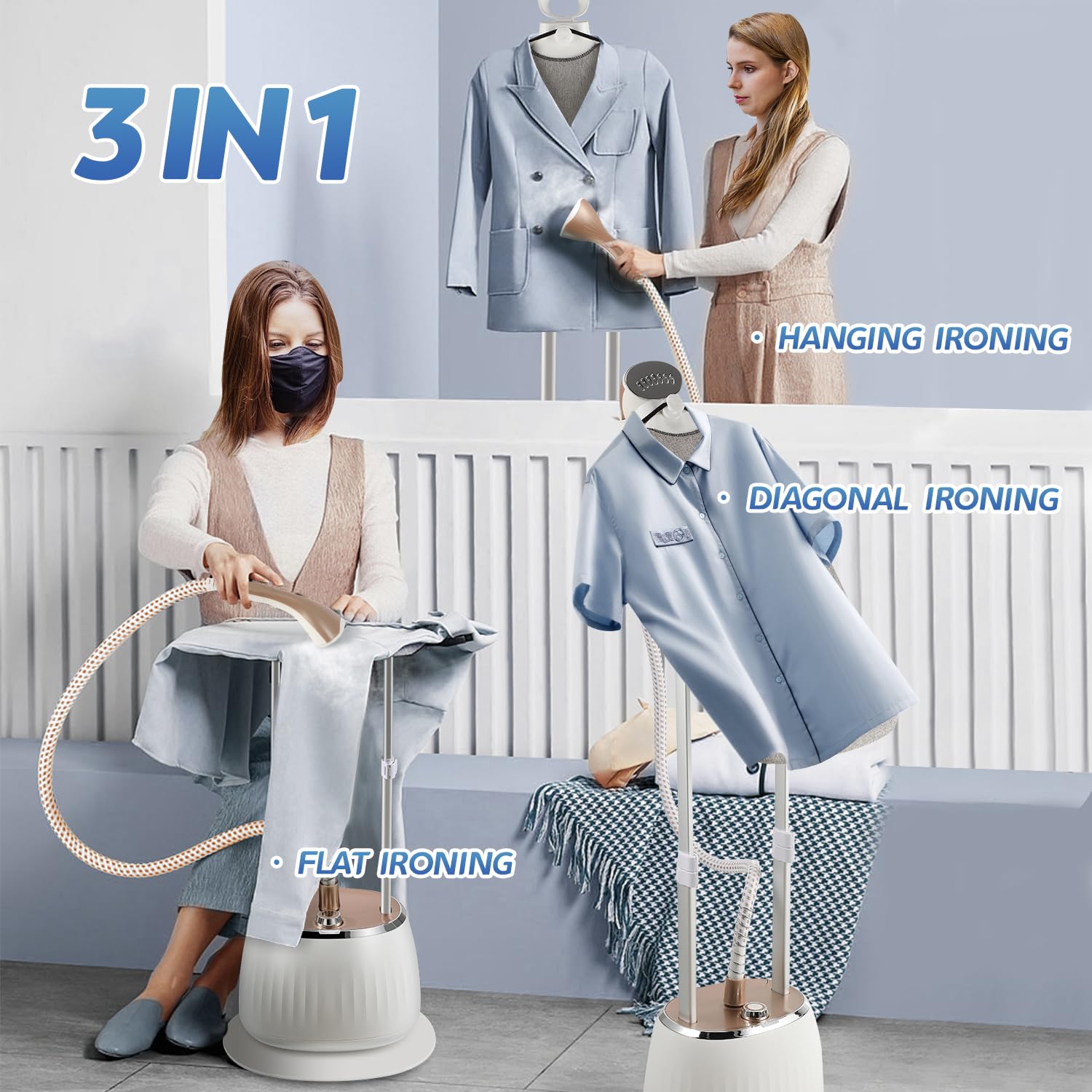 Hapyvergo Garment Steamer for Clothes Standing, 1800w Strong Power with 54 fl.oz Water Tank for 1 Hour Continuous Steaming, Flat Hanging Diagonal Ironing in 10 Level Steam Adjustment