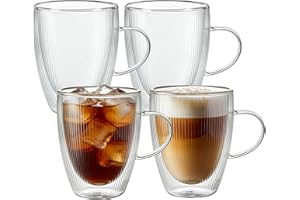 Cappuccino Glass Mugs 350ml, Set of 4 Double Walled Espresso Mug Cups Glass Mug Set, Insulated Drinking Glass Coffee Cups wit