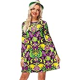 Women St Patricks Dress Long Sleeve Mardi Gras Holiday Printed A Line Dresses with Pockets