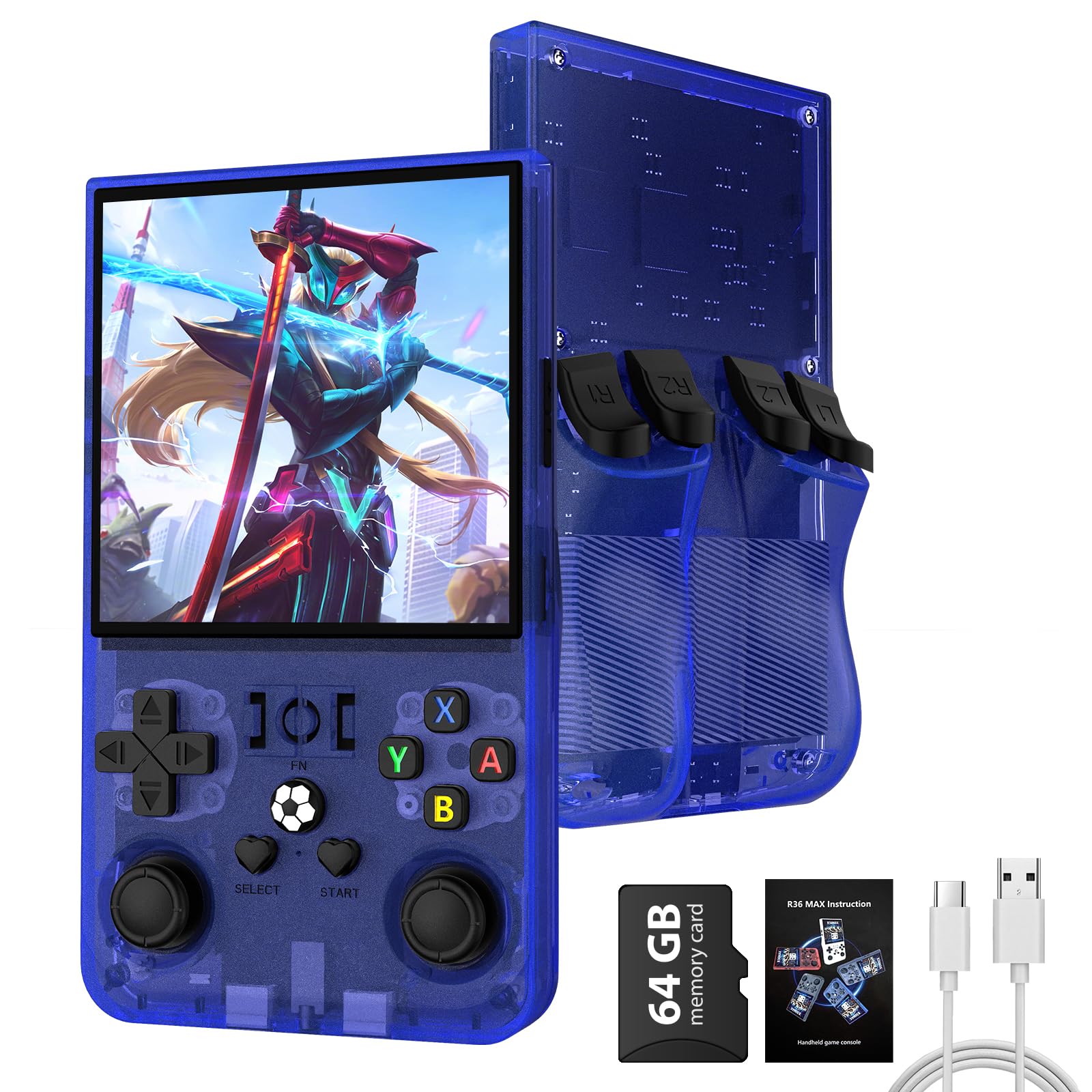 Photo 1 of R36MAX Retro Handheld Game Console, 4.0 Inch IPS Screen, 64GB Memory, Portable Arcade Video Gaming Console Gift for Adults, Lake Blue