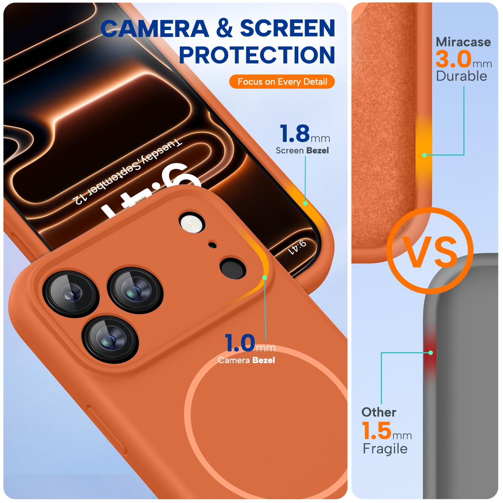 Miracase Magnetic for iPhone 17 Pro Max Case, Compatible with MagSafe, Integrated Silicone Camera Control Cover, 3.0mm Thicken Shockproof Drop Protection Phone Case for 17 ProMax, Orange