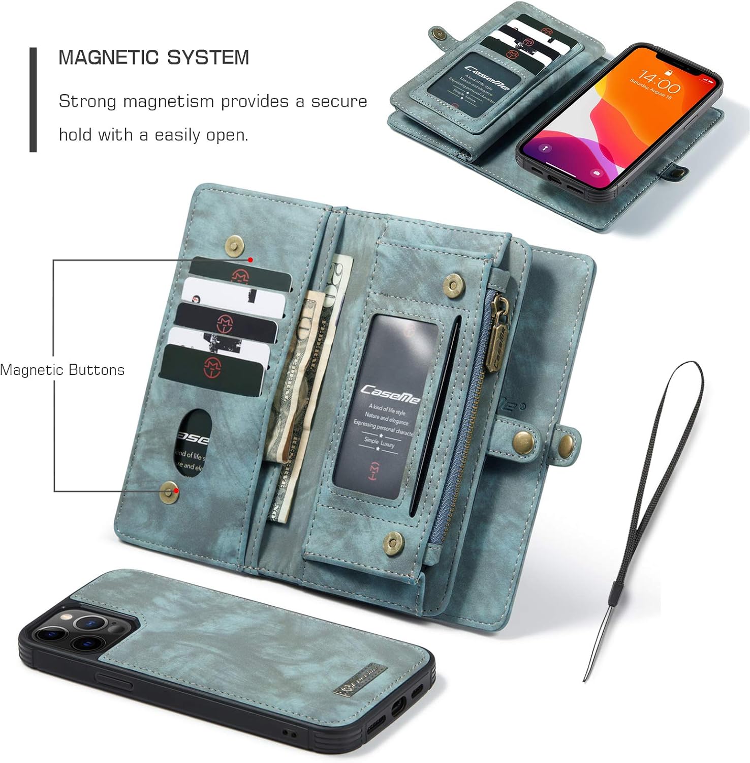 ANROD Detachable Leather Wallet Case for iPhone 12 Pro Max,CaseMe Magnetic Closure 2-in-1 Flip TPU Shockproof Zipper Purse Back Cover with Card Slots (Blue) - Image 4