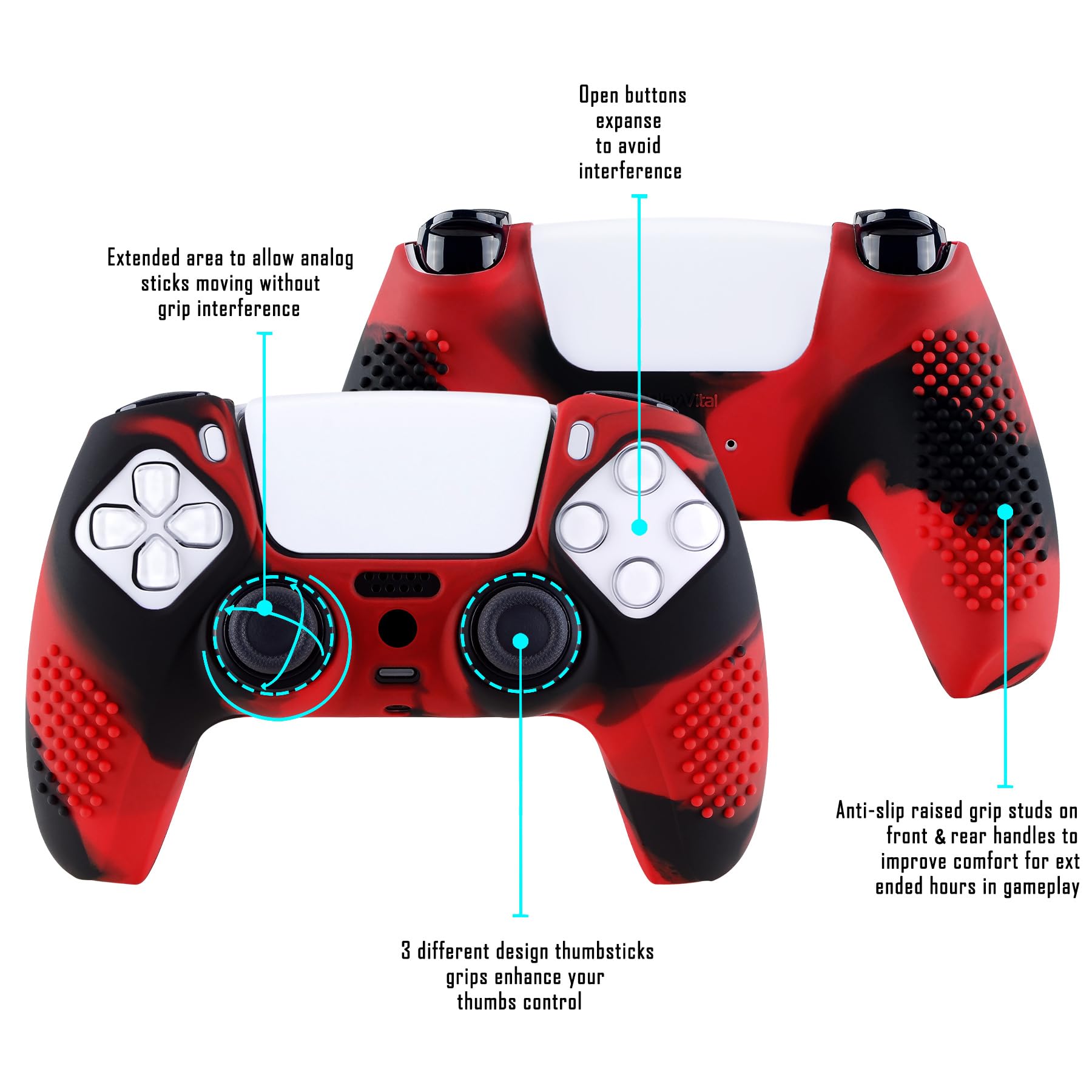 eXtremeRate PlayVital 3D Studded Edition Anti-Slip Silicone Cover Skin for ps5 Controller, Soft Rubber Case Protector for ps5 Wireless Controller with Thumb Grip Caps - Red & Black