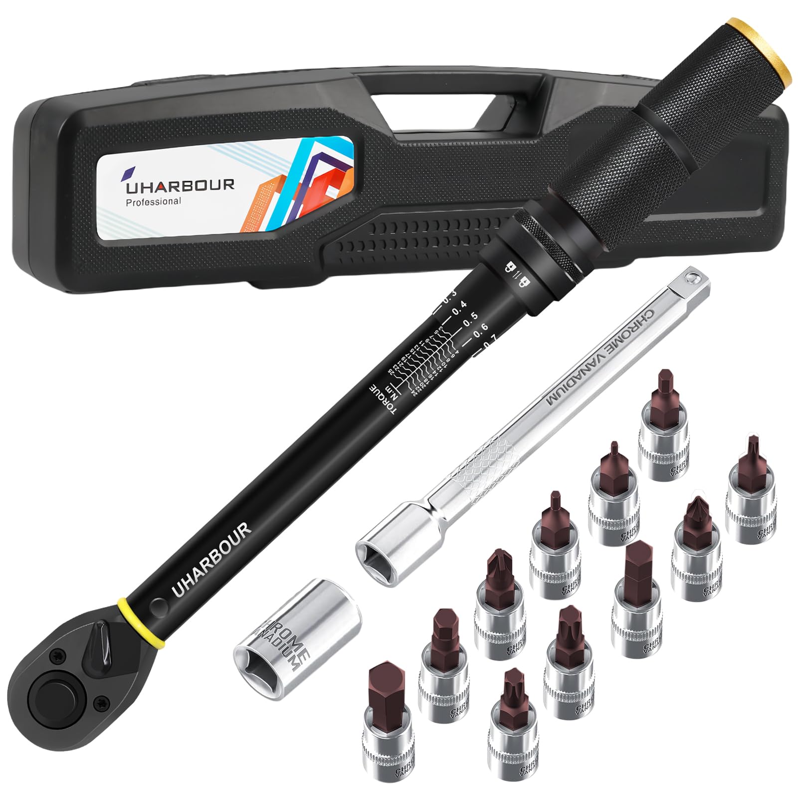 Uharbour 1/4" Torque Wrench Set 3-25Nm, 14PCS Small Bike Torque Wrench Set with Bits and Extension Rod for Bicycle, ±3% Accuracy with Unique Serial Number