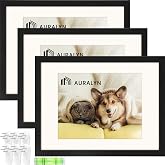AURALYN Wall Frames 12x16 Picture Frame Set of 3 &ndash; Fits 8.5x11 with Mat or 12x16 Without Mat &ndash; Wood Grain, Finger-Friendly, Easy to Hang, Includes Hanging Kit (Black Frames, 3 Pack)