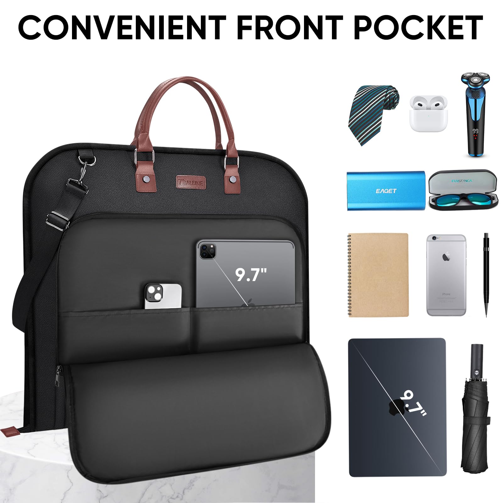 BALEINE Travel Garment Bag, Travel Suit Bag for Men, 42'' Waterproof Carry on Garment Bag for Hanging Clothes, Garment Duffel Bag for Travel Business (Black)