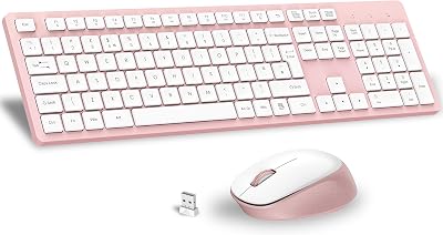 LeadsaiL Wireless Keyboard and Mouse Set 2.4GHz UK Qwerty Soft Touch Pink White