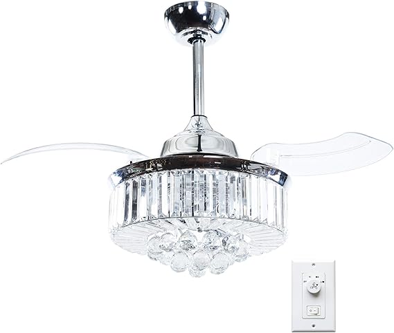 Retractable Ceiling Fan Modern Ceiling Fan with Light Chandelier Fan, Wall Switch, 36 Inch, Chrome