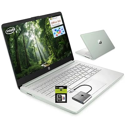 HP 14 Student-Laptop Back to School, Quad-Core Processor (Up to 3.6GHz) 16GB RAM 256GB Storage(128GB UFS + 128GB SD Card) Laptops for Student with 1-Year Office 365 Copilot AI Win11, Willow Green