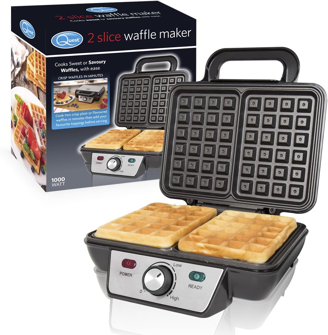 Quest 35950 Twin Two Slice Waffle Maker Iron, Stainless Steel, 1000 W