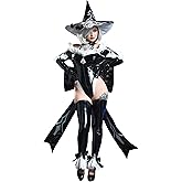 Mobbunny Women Sexy Lingerie Costume Gothic Black Witch Bodysuit with Hat Game Character Derivative Halloween Costume