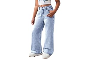 Teen Girls Vintage Jeans Baggy Wide Leg Washed Denim Pants Kids High Waist Straight Denim Trousers with Pockets