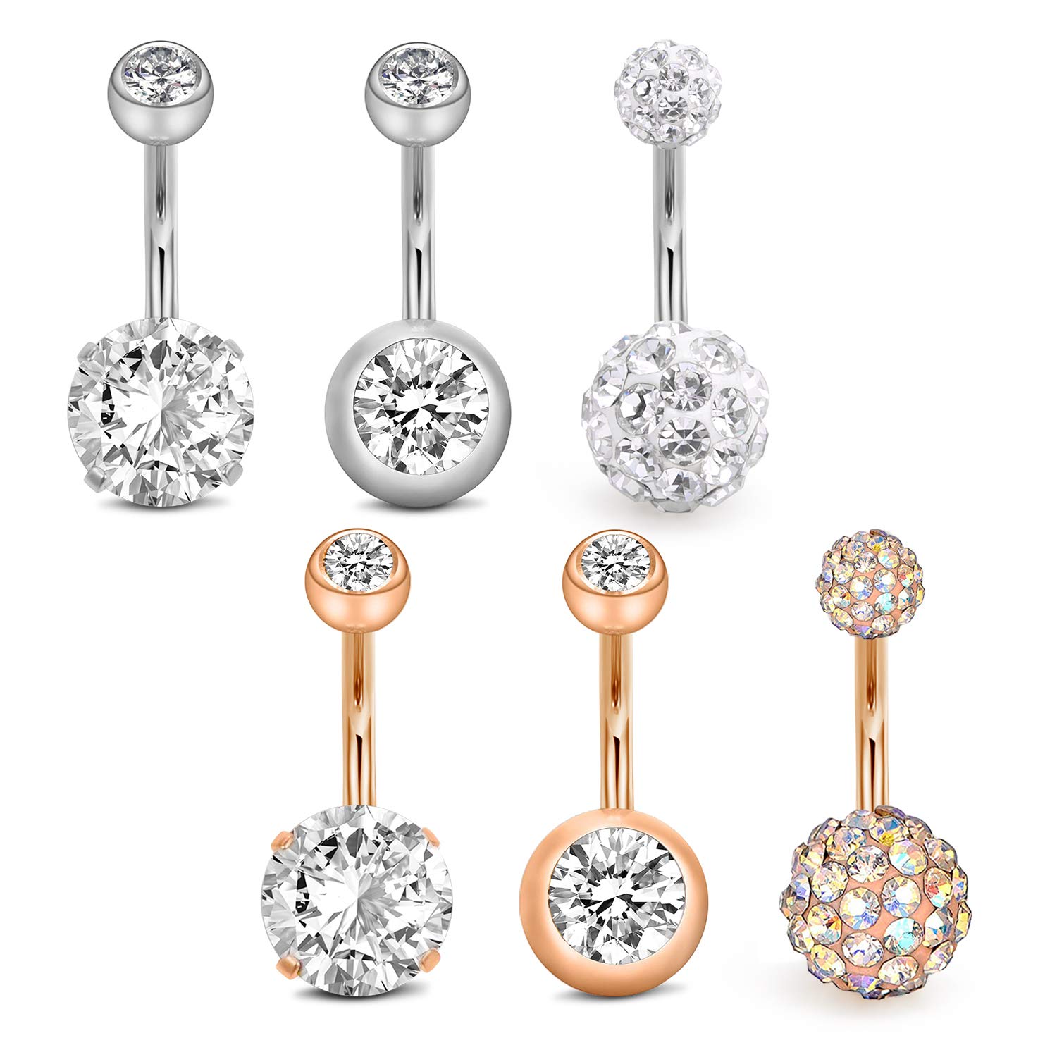 Rajnard 6Pcs Belly Bars Stainless Steel 14G 10mm Silver&Rosegold Belly Button Bar Rings Belly Piercing Jewellery for Women Men
