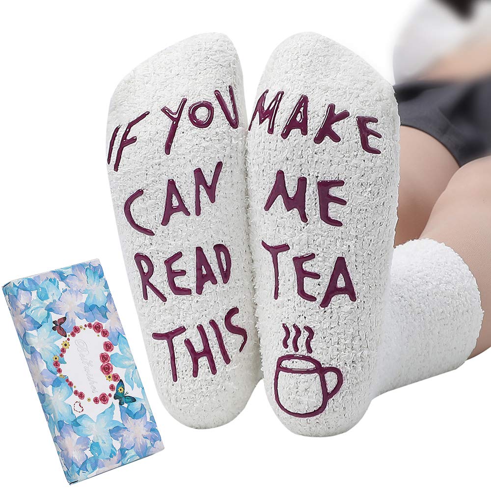 Himozoo Dog Lovers Gifts For Mum Women Non Slip Fluffy Socks, The Dog Is On My Lap Socks, Novelty Fluffy Socks For Wife,Daughter, Birthday Gifts for Women Girls (White-Make Me Tea)