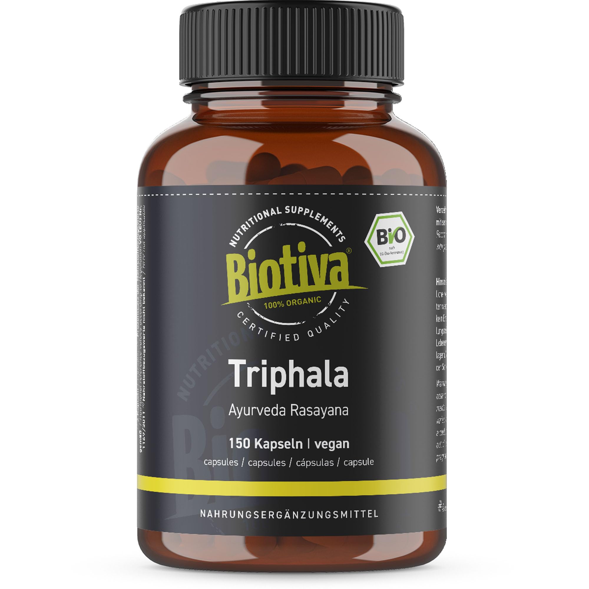 Biotiva Triphala Organic 150 Capsules - 500mg per Capsule - 75 Days dose - High dose Biotriphala - 100% Vegan - Best Value - Packed and Controlled in Germany (DE-ECO-005)